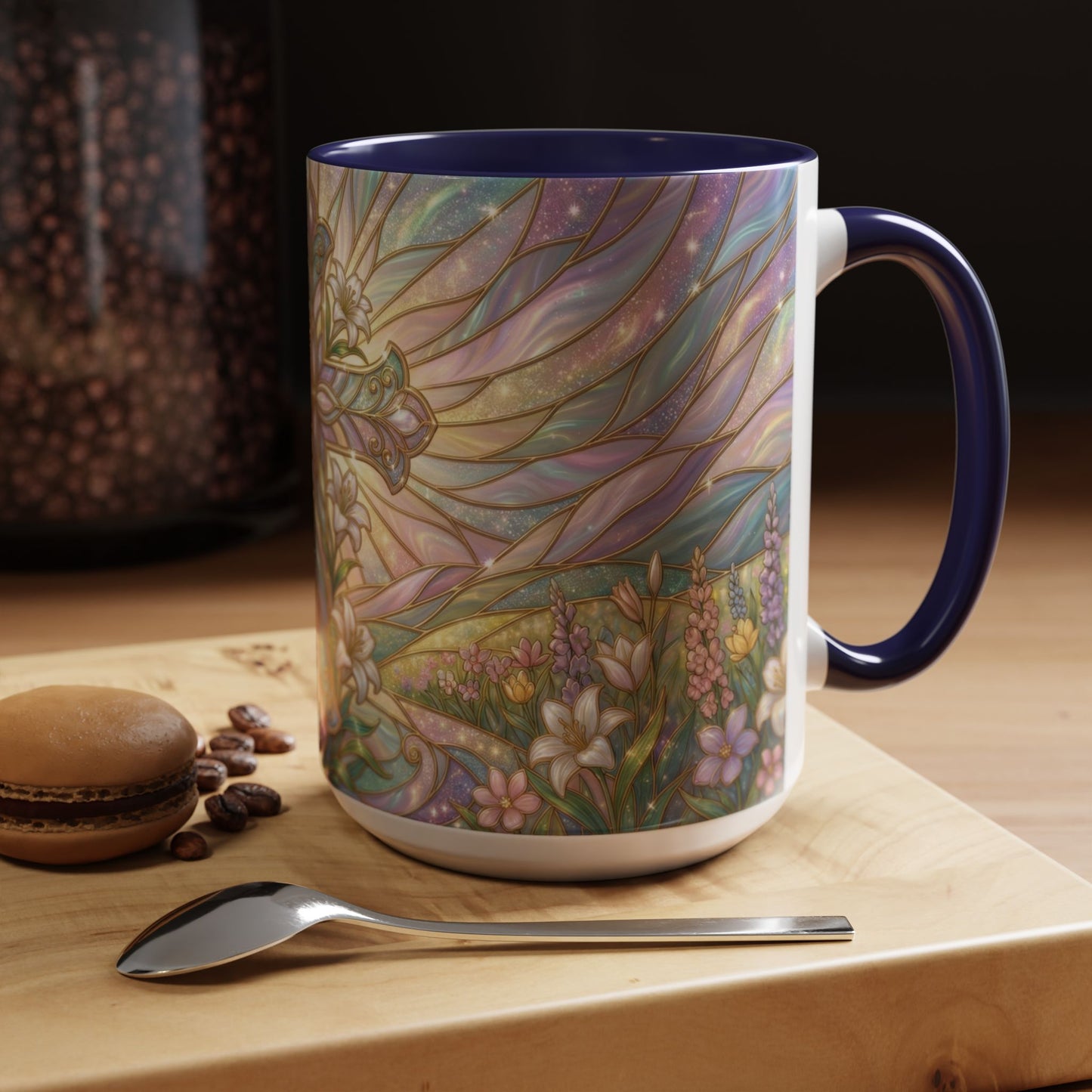 Stained Glass Cross Mug, Easter Lily Coffee Cup, Christian Religious Gift, Pastel Floral Faith Mug, Spring Believer Cup, Baptism Present