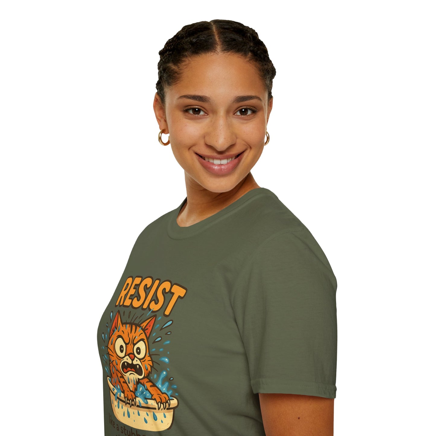 Resist Like A Stubborn Cat At Bathtime Funny Cat Lover Graphic Tee - Quirky Self Care Shirt - Gift For Pet Moms, Dads and Humor Fans