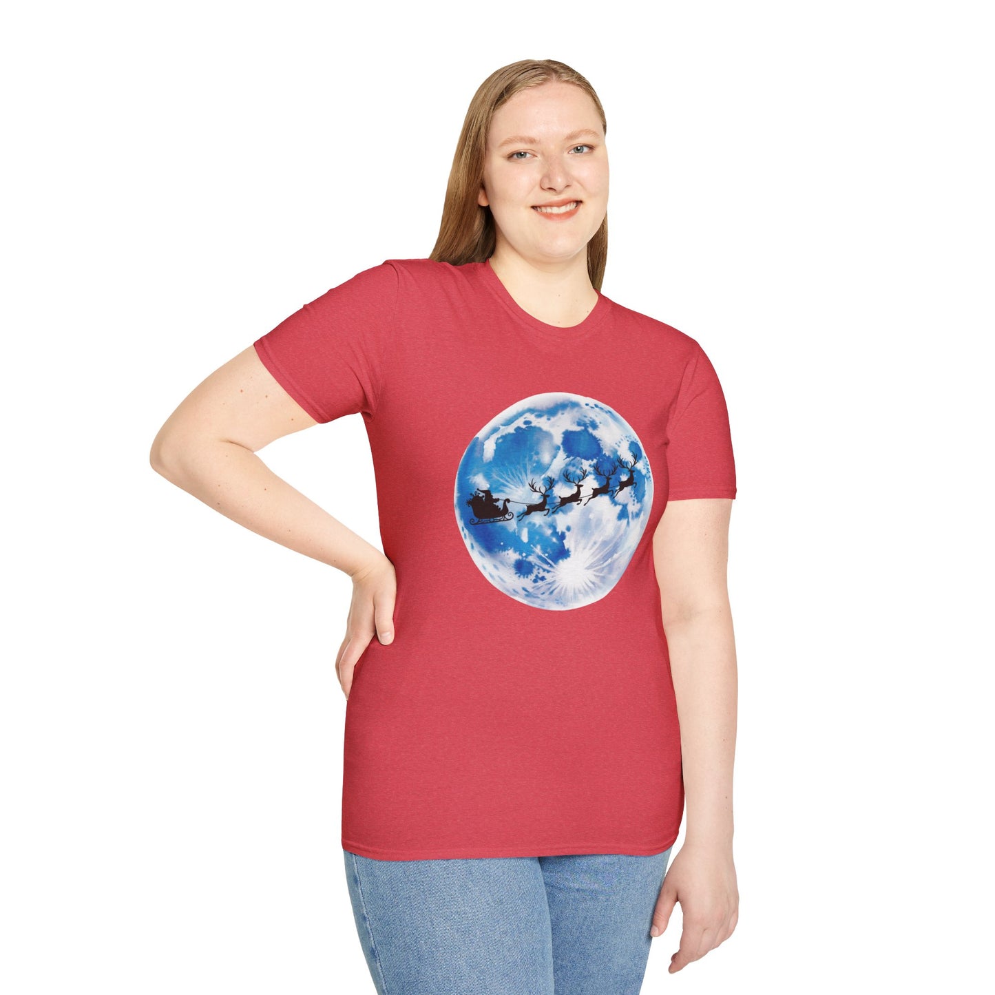 Santa Moon Christmas T-Shirt, Reindeer Sleigh Christmas Tee, Holiday Moonlight Xmas Shirt, Festive Christmas Graphic Tee, Winter Night Christmas Gift Tee