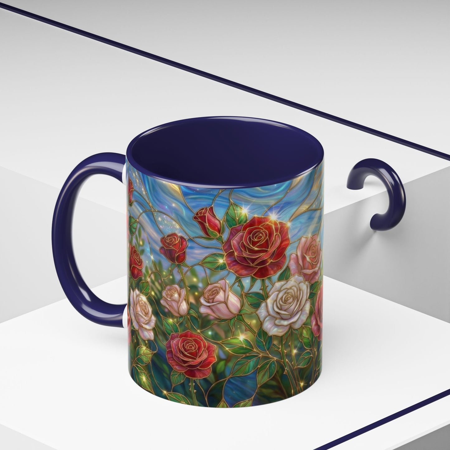 Stained Glass Rose Garden Mug, Floral Rose Coffee Cup, Elegant Flower Mug, Blue Green Gold Glass Style Design, Romantic Gift For Her