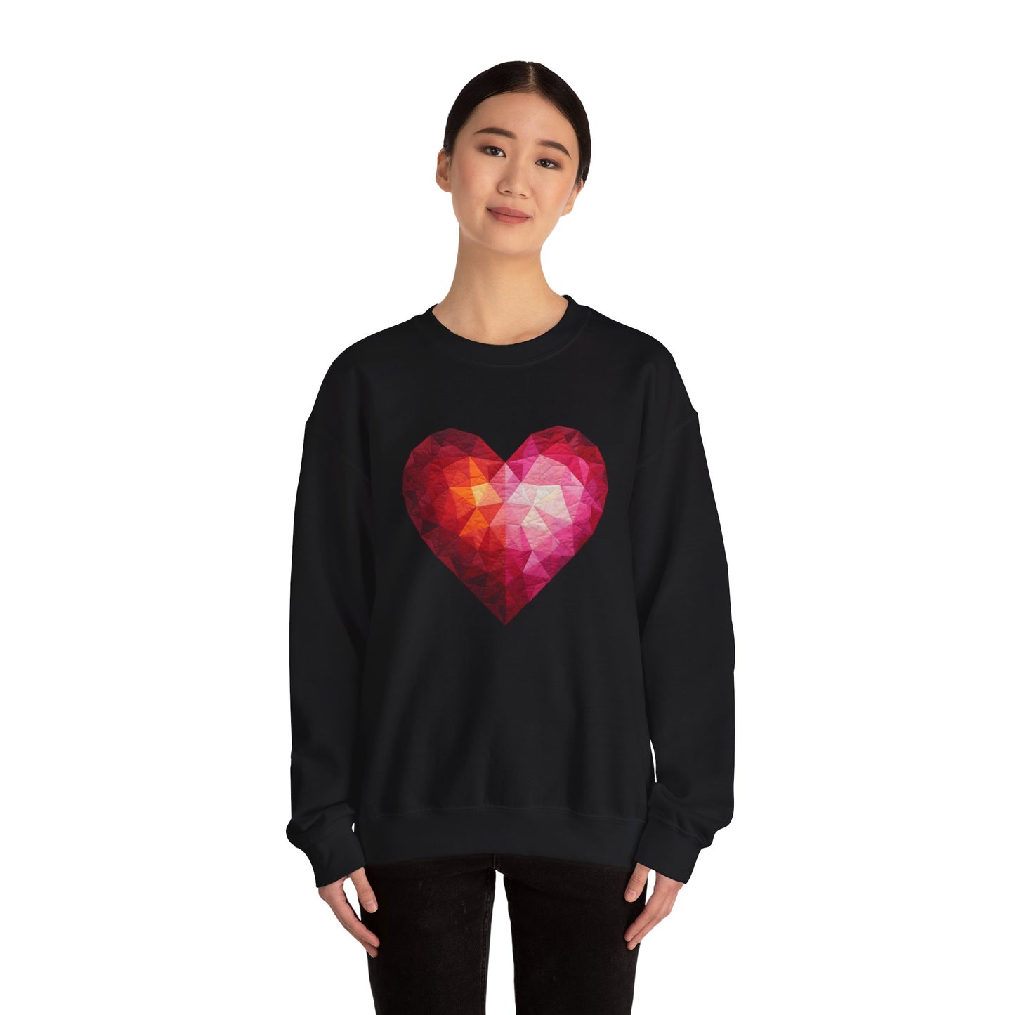 Faux Patchwork Heart Sweatshirt, Geometric Heart Sweater, Cute Valentines Sweatshirt, Cozy Pink Heart Crewneck, Winter Heart Pullover