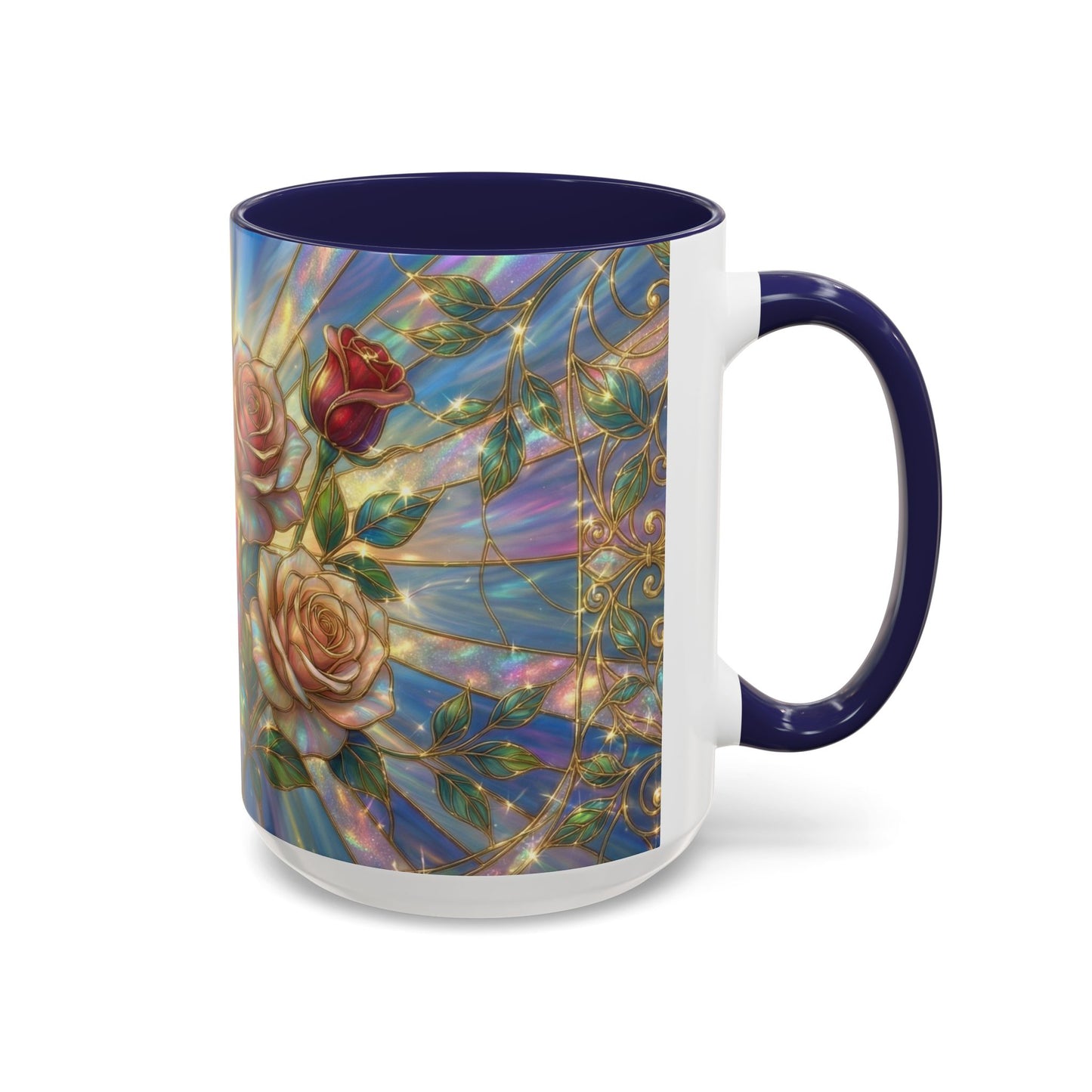 Stained Glass Rose Mug, Floral Art Coffee Cup, Elegant Rose Flower Mug, Blue Gold Glass Style Design, Romantic Gift For Her Decor