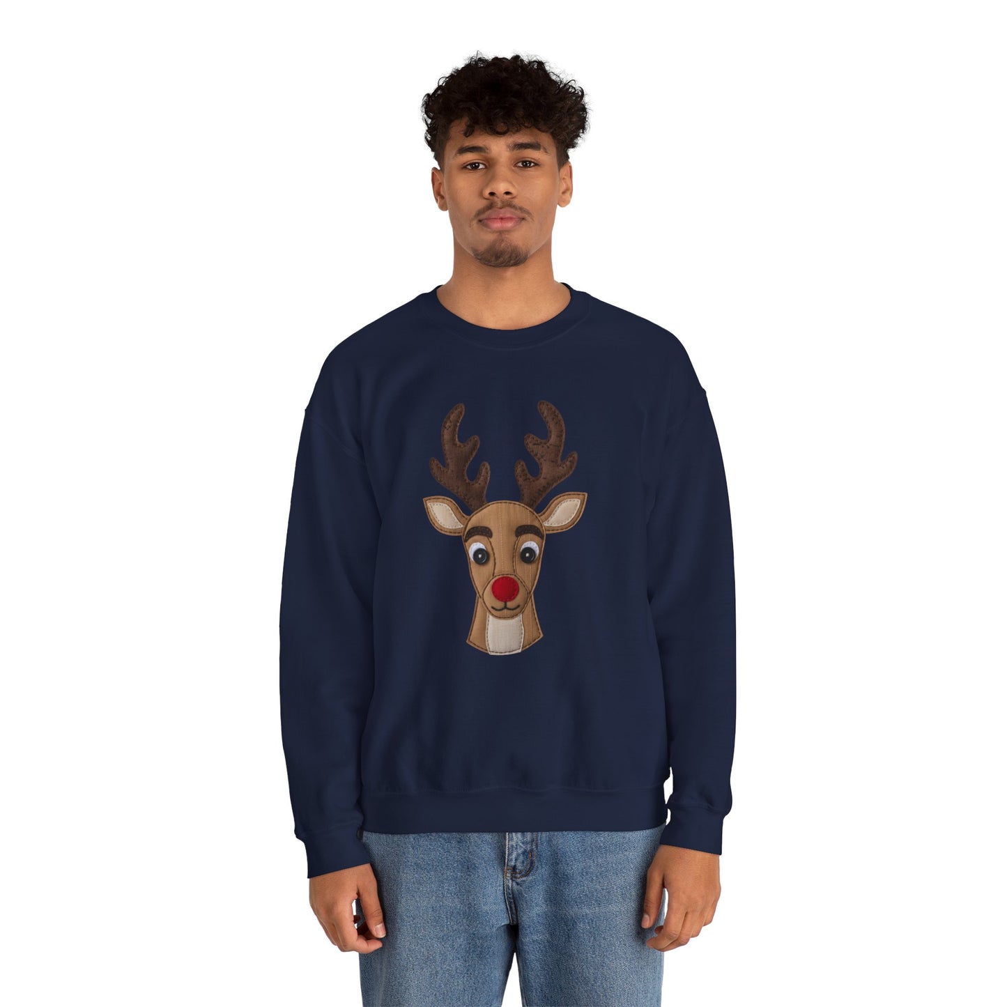 Faux Patchwork Rudolph Sweatshirt, Cute Reindeer Christmas Crewneck, Cozy Holiday Pullover, Winter Reindeer Sweater, Xmas Gift for Women