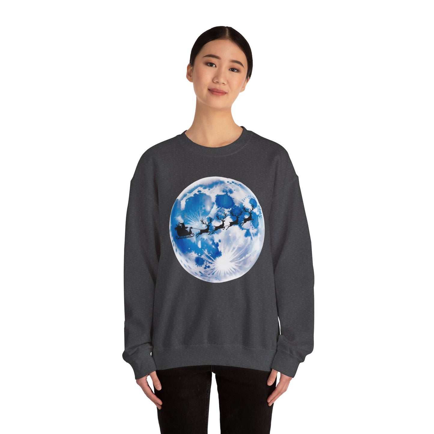 Santa And Reindeer Full Moon Christmas Sweatshirt, Holiday Night Sky Sweater, Cozy Unisex Crewneck, Festive Gift For Christmas Lovers