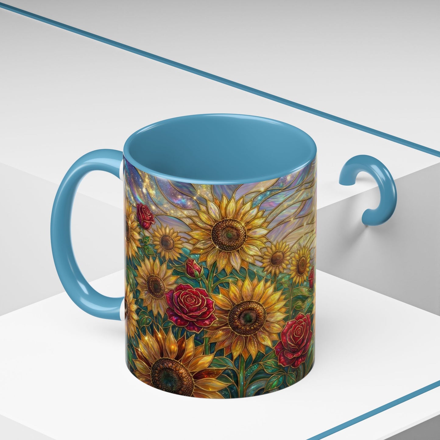 Personalized Stained Glass Sunflower Mug, Custom Red Rose Floral Coffee Cup, Celestial Night Sky Botanical Teacup, Gift For Flower Lover