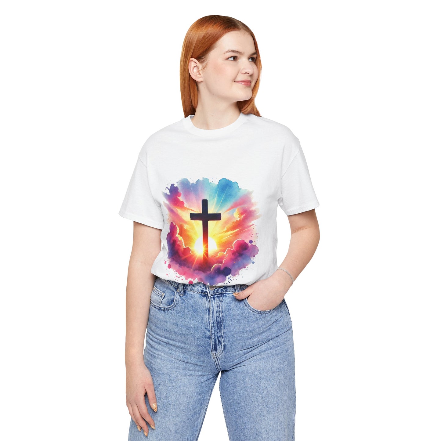 Faith Cross Sunburst Christian Tee | Inspirational Christian T-Shirt | Colorful Sunrise Cross Shirt | Faith Gifts for Women Men