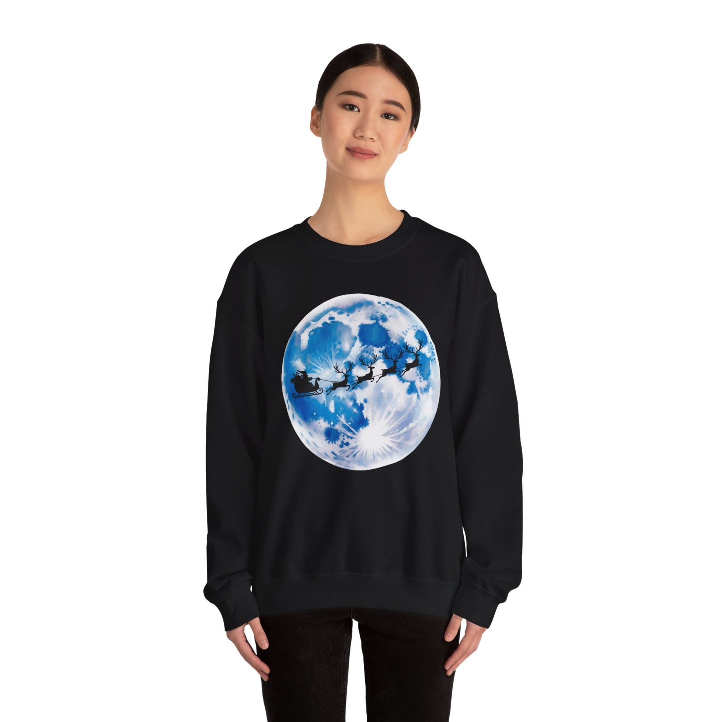 Santa And Reindeer Full Moon Christmas Sweatshirt, Holiday Night Sky Sweater, Cozy Unisex Crewneck, Festive Gift For Christmas Lovers