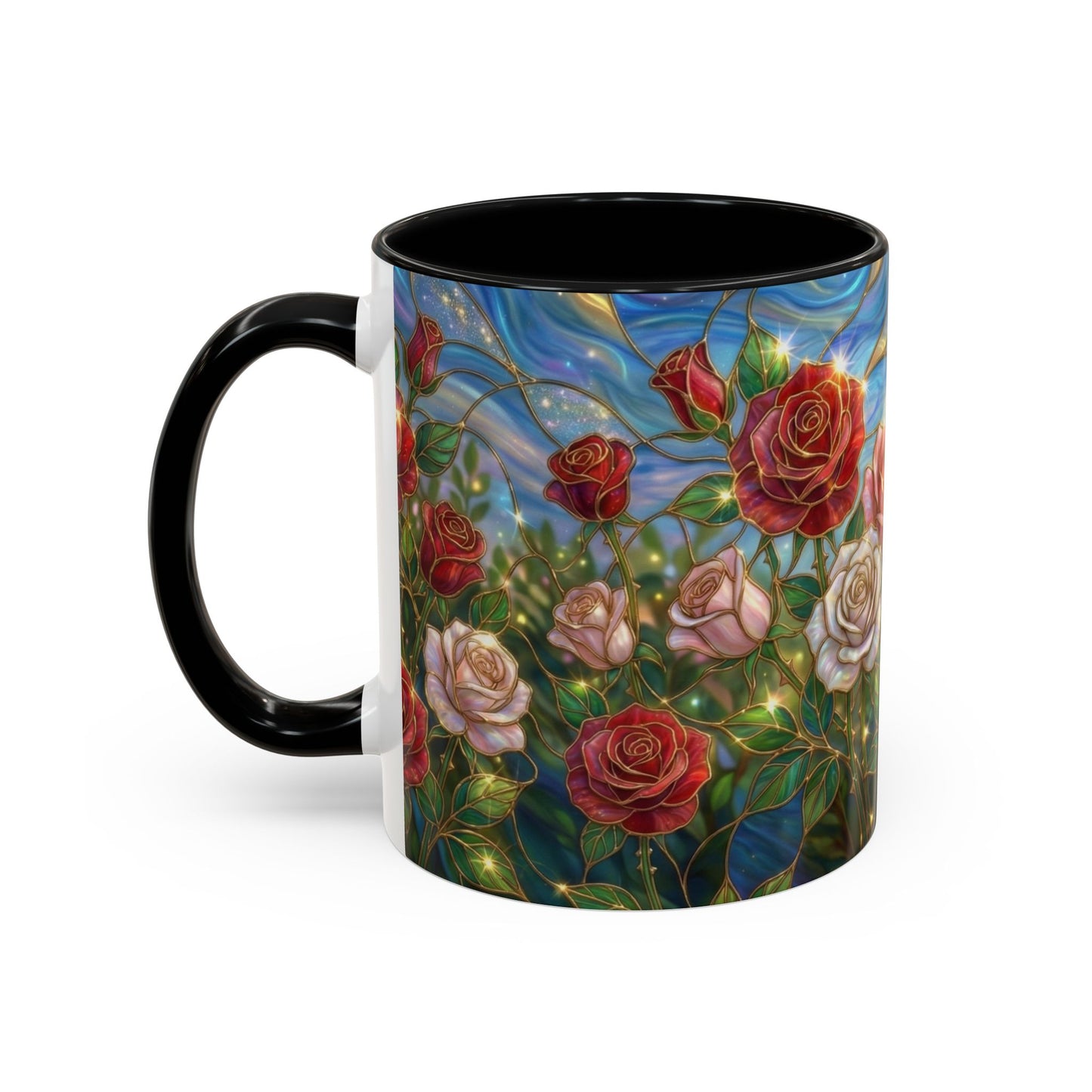 Stained Glass Rose Garden Mug, Floral Rose Coffee Cup, Elegant Flower Mug, Blue Green Gold Glass Style Design, Romantic Gift For Her