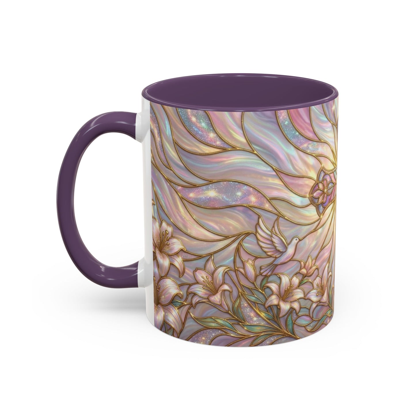 Stained Glass Cross Mug, Easter Lily Coffee Cup, Christian Gift for Women, Pastel Religious Drinkware, Dove and Faith Cup, Spiritual