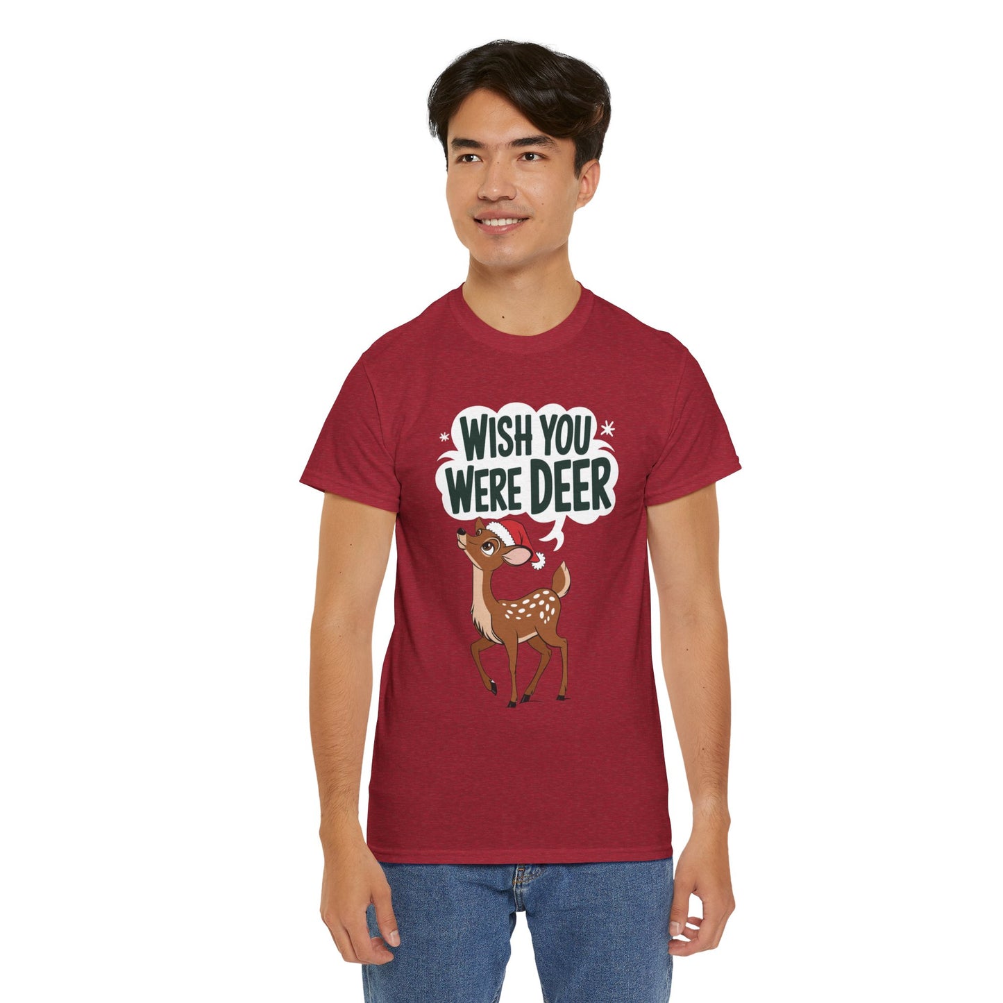 Wish You Were Deer Funny Christmas T-Shirt, Cute Reindeer Holiday Tee, Pun Christmas Shirt, Festive Santa Hat Deer Graphic Tee Gift