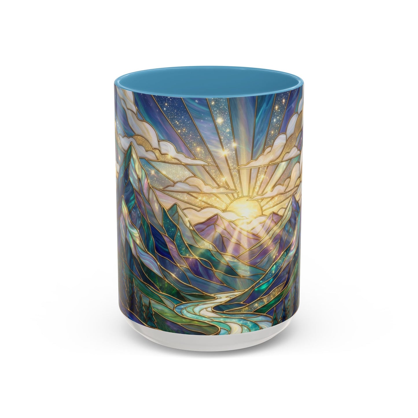 Mountain Art Mug, Scenic Mountain Coffee Cup, Nature Lover Ceramic Mug, Stained Glass Style Landscape, 11oz 15oz Gift, Outdoor Hiking Mug, Unique Coffee Tea Cup