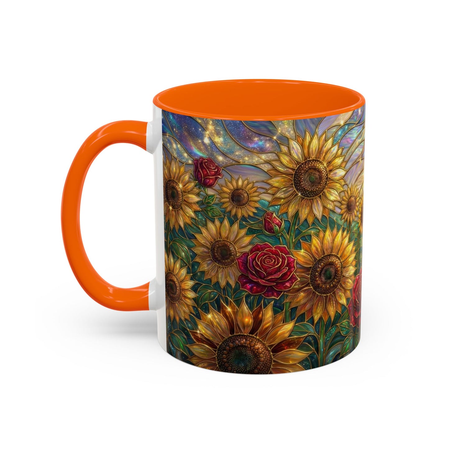 Personalized Stained Glass Sunflower Mug, Custom Red Rose Floral Coffee Cup, Celestial Night Sky Botanical Teacup, Gift For Flower Lover
