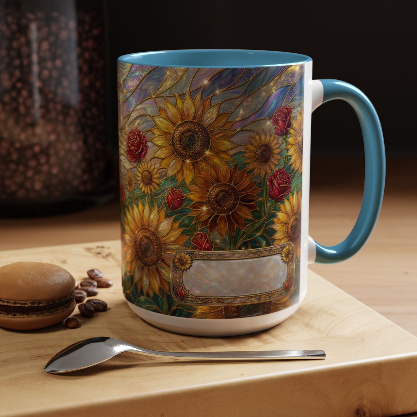 Personalized Stained Glass Sunflower Mug, Custom Red Rose Floral Coffee Cup, Celestial Night Sky Botanical Teacup, Gift For Flower Lover