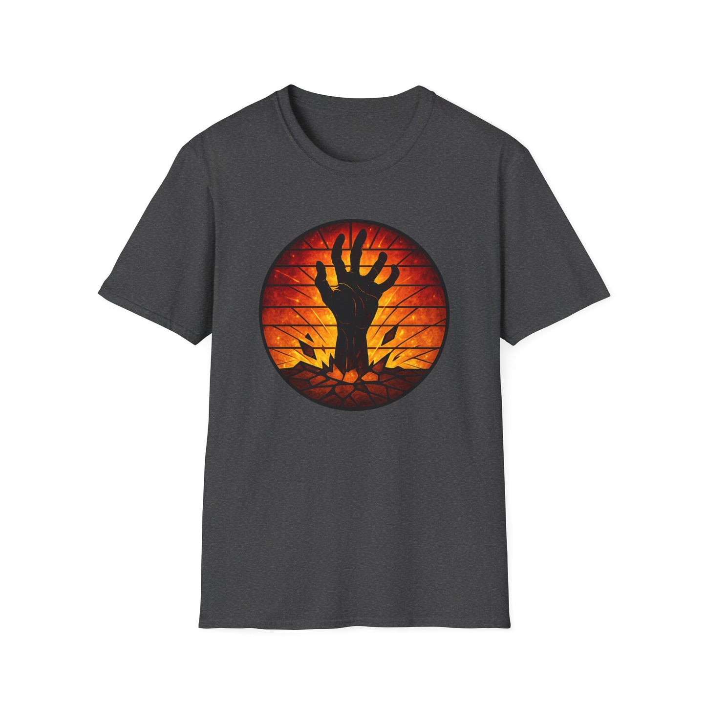 Zombie Hand Sunset T-Shirt – Stained Glass Horror Shirt, Halloween Gothic Tee, Undead Rising Art Tee, Creepy Spooky Shirt for Fall