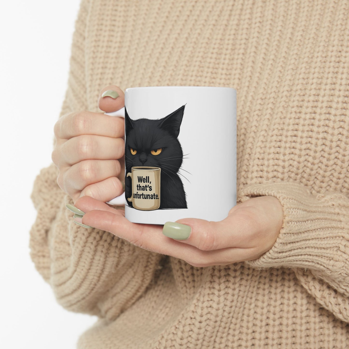Sarcastic Black Cat Coffee Mug 11 oz or 15oz - “Well, thats unfortunate.” Funny Grumpy Cat Meme Gift, Office Humor, Tea Cup, Sarcasm Lover