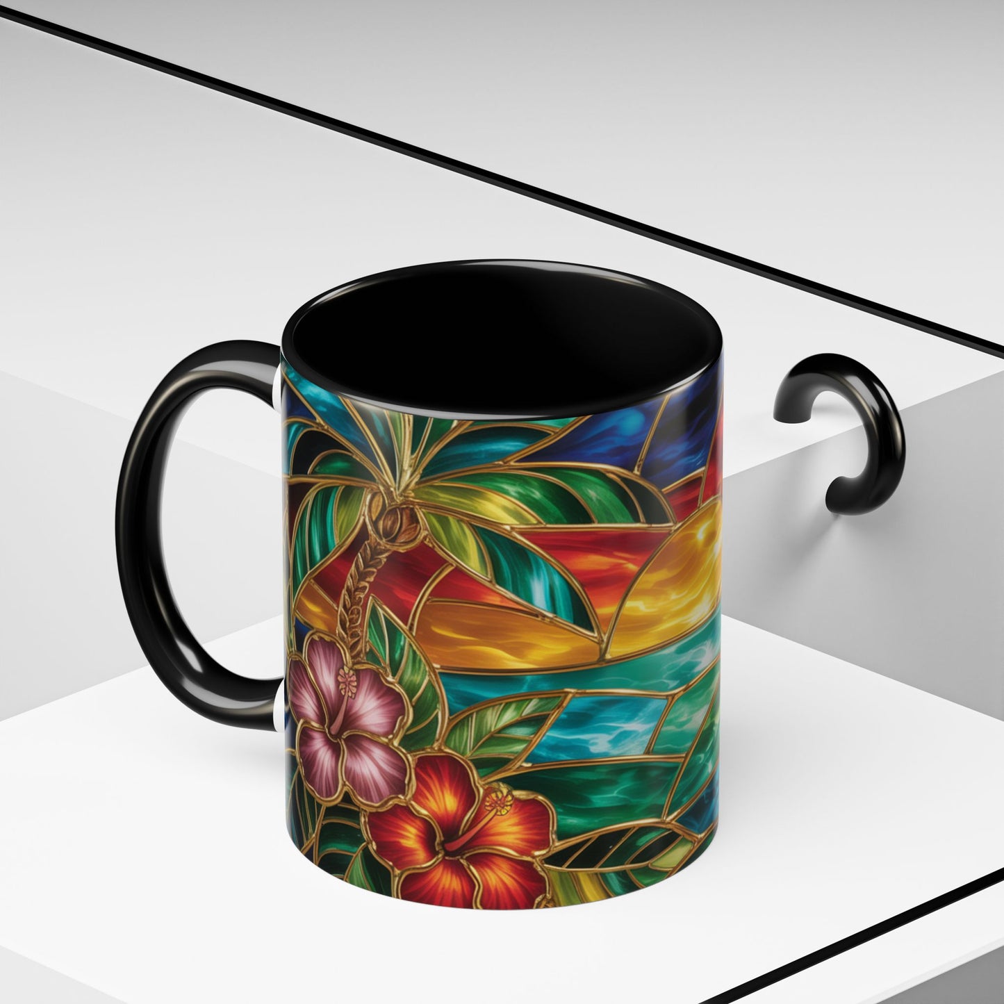 Stained Glass Tropical Sunset Mug, Hibiscus Flower Coffee Cup, Beach Lover Gift, Colorful Palm Tree Mug, Coastal Art Drinkware, Summer Cup