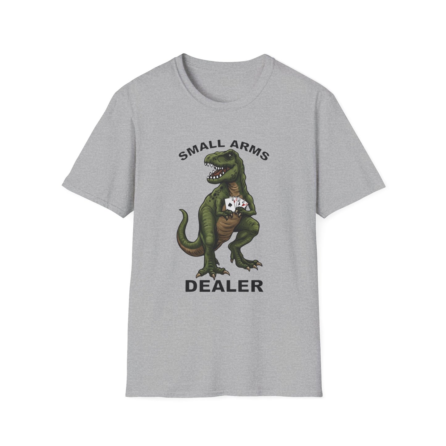 Funny Small Arms Dealer T-Rex Shirt, Dinosaur Pun Tee, Hilarious Graphic T-Shirt for Men & Women, Great Gift for Dad, Friend, or Coworker