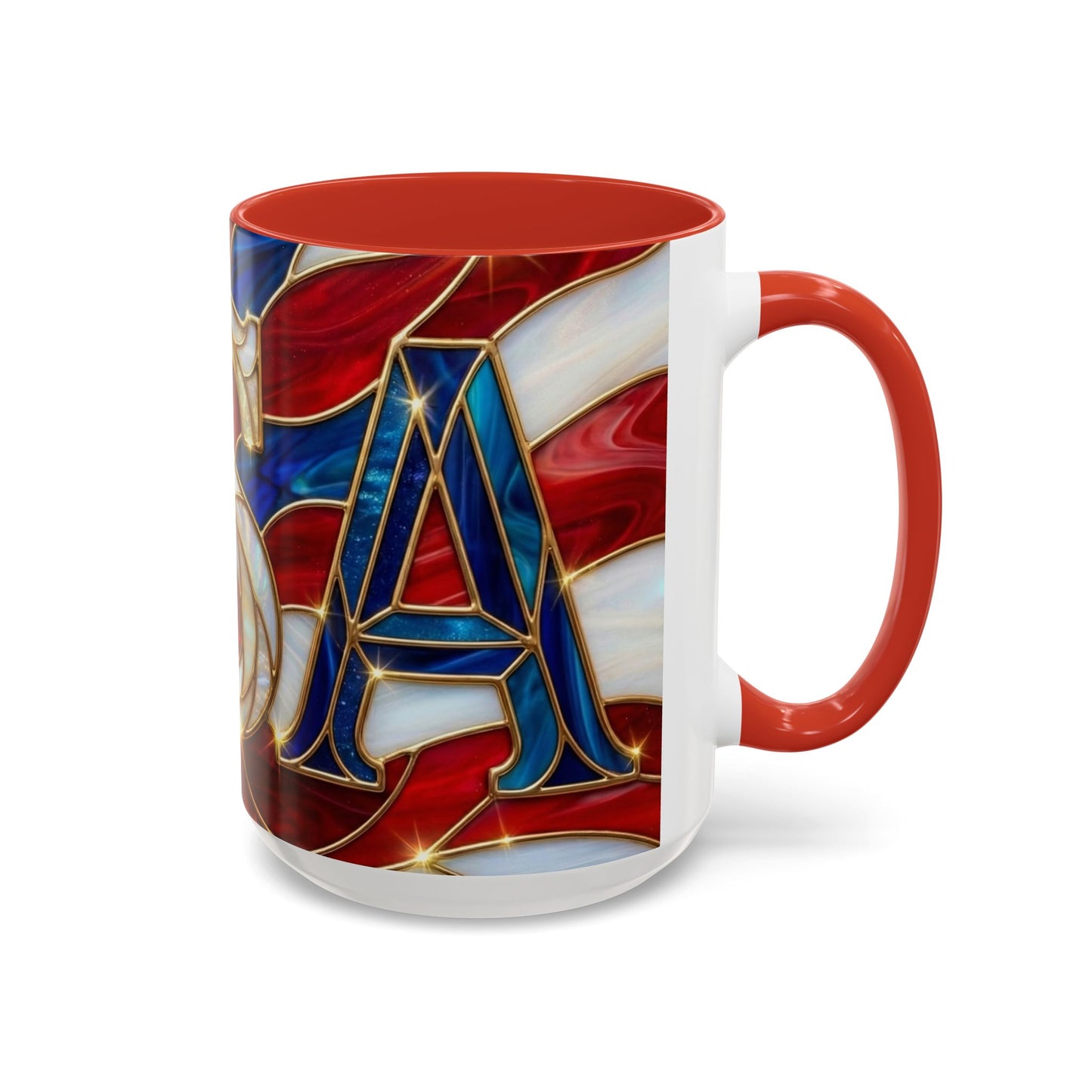 USA Patriotic Coffee Mug, Stained Glass USA Mug, Red White Blue Ceramic Mug, American Flag Style Mug, 11oz 15oz Mug