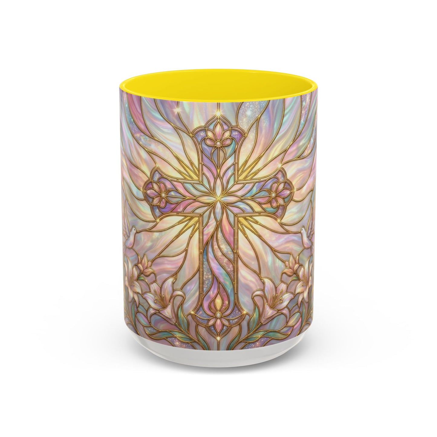 Stained Glass Cross Mug, Easter Lily Coffee Cup, Christian Gift for Women, Pastel Religious Drinkware, Dove and Faith Cup, Spiritual