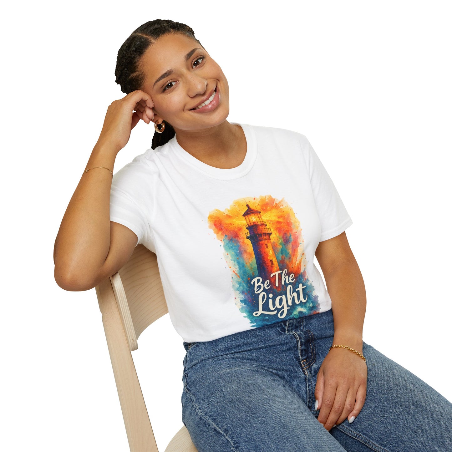 Be The Light Lighthouse T-Shirt | Inspirational Spiritual Tee | Coastal Nautical Gift for Her and Him | Unisex Softstyle Graphic Tee