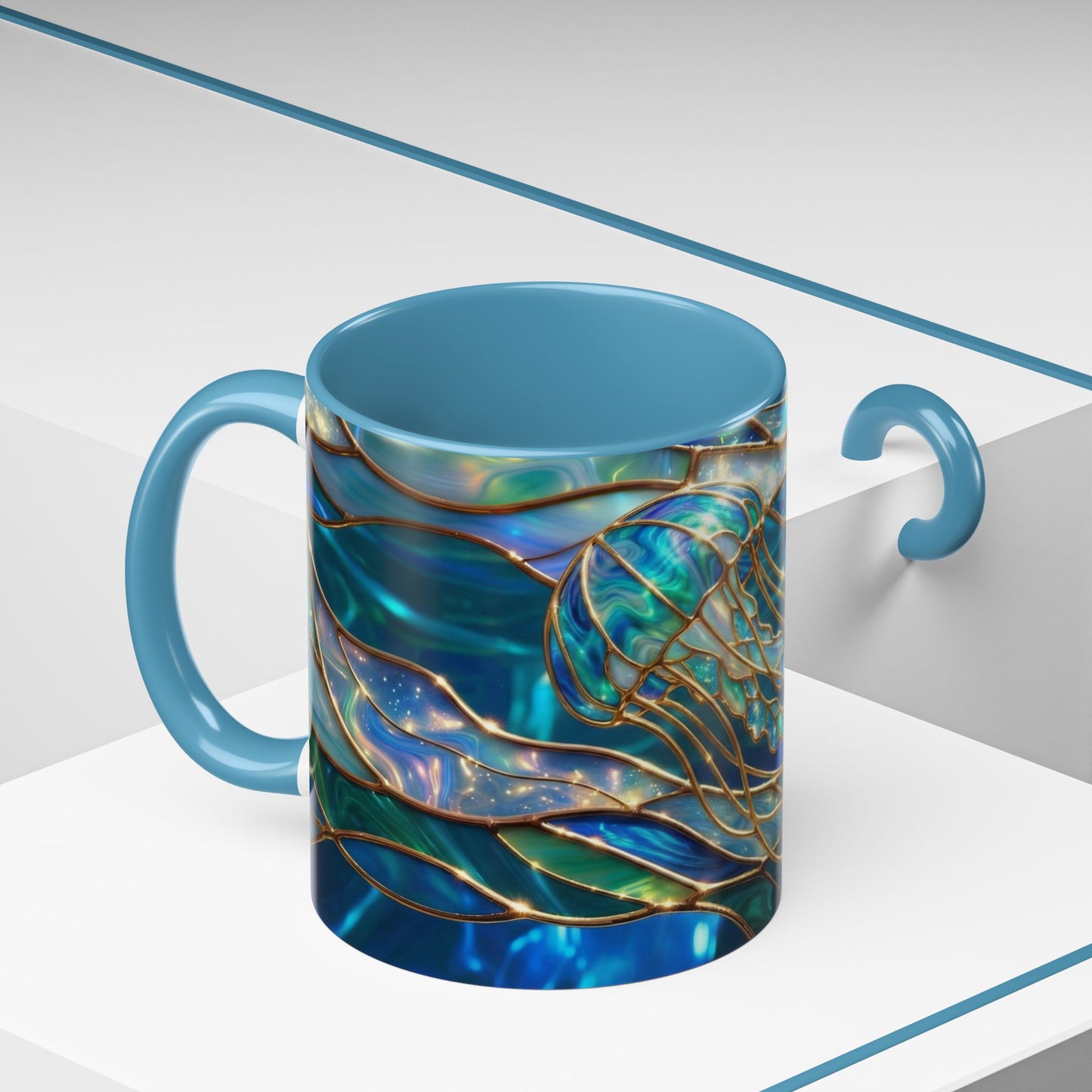 Stained Glass Jellyfish Mug, Ocean Art Coffee Cup, Nautical Sea Life Mug, Blue Teal Gold Glass Style Mug, Gift For Ocean Lovers Decor