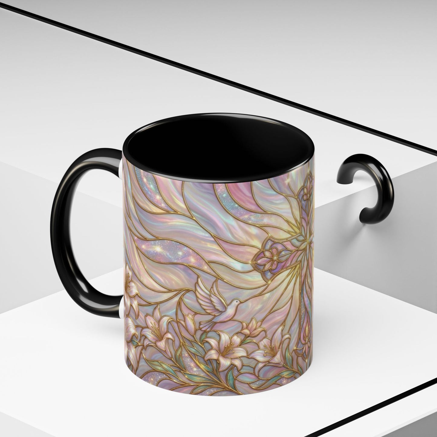 Stained Glass Cross Mug, Easter Lily Coffee Cup, Christian Gift for Women, Pastel Religious Drinkware, Dove and Faith Cup, Spiritual