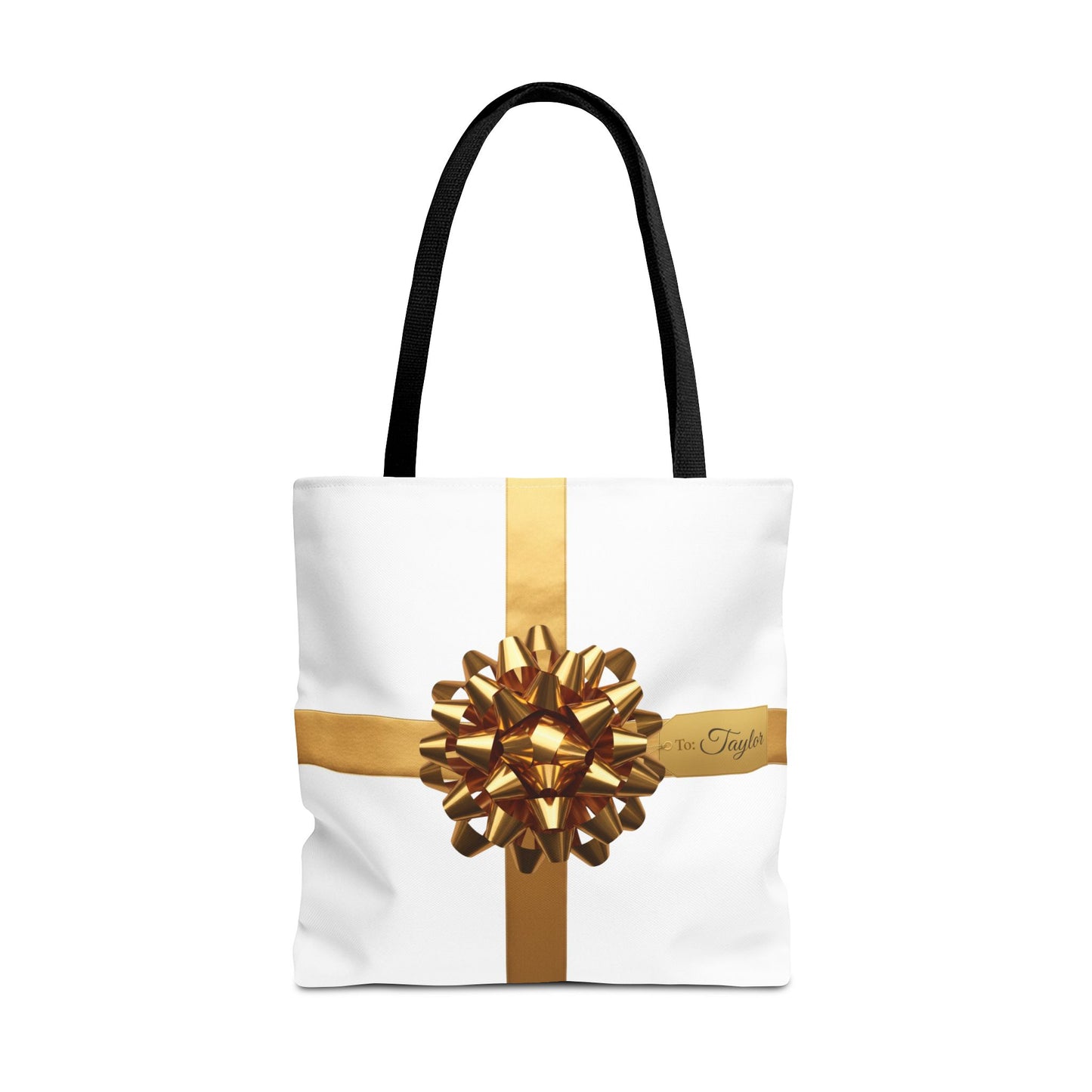 Custom Name Tote Bag | Gold Bow Gift Wrap Design | Personalized White or Black Handle Bag for Everyday Luxury & Gifting