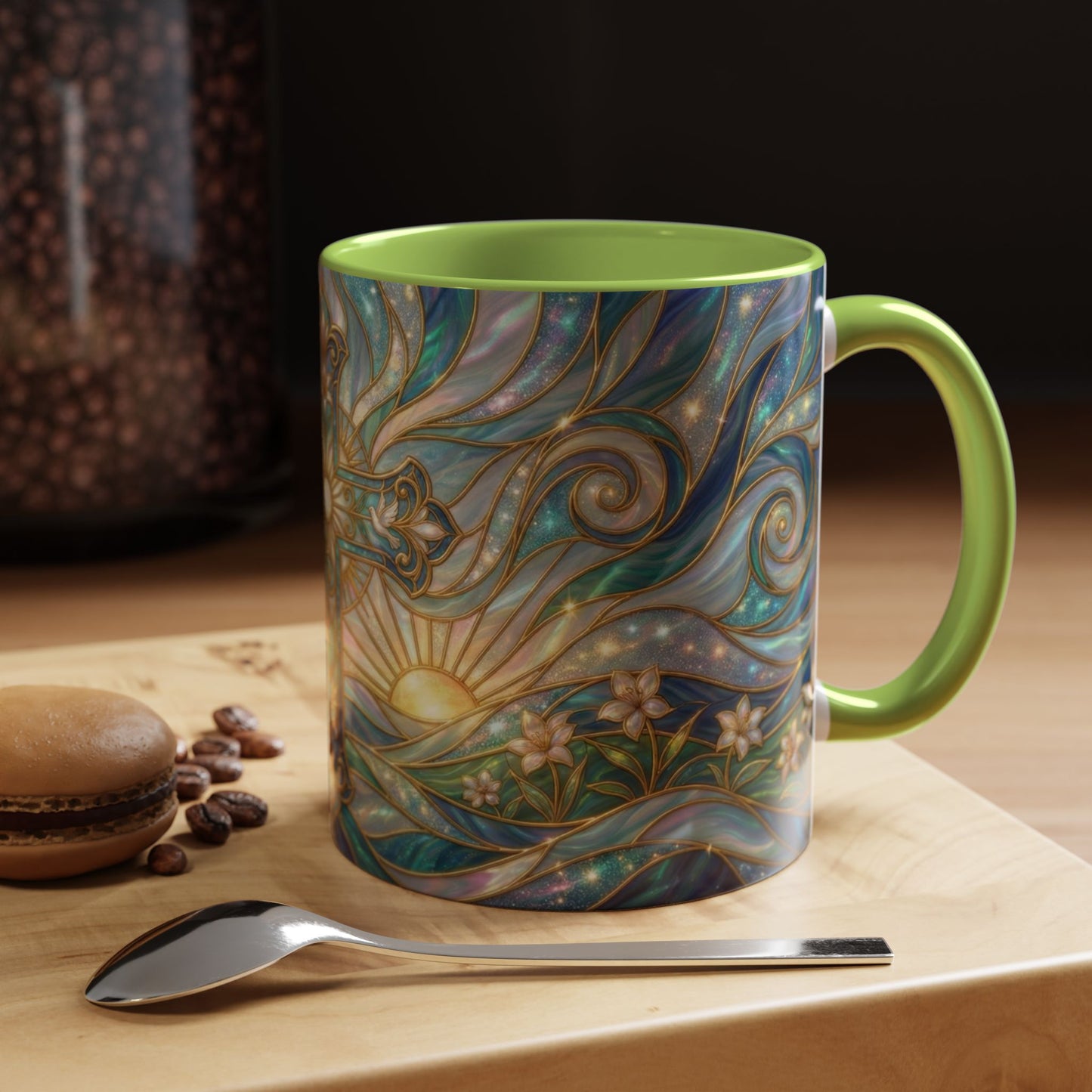 Stained Glass Cross Mug, Christian Coffee Cup, Religious Easter Gift, Celestial Faith Mug, Spiritual Sunrise Cup, Dove Lily Print Mug