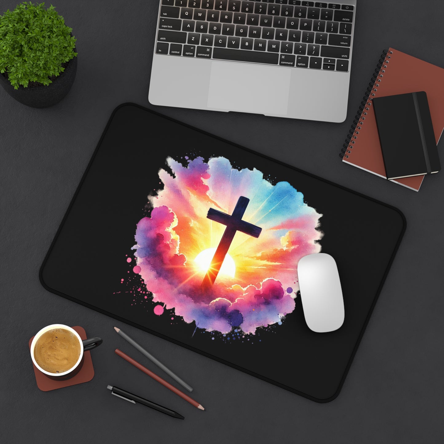 Inspirational Watercolor Christian Desk Mat, Easter Mouse Pad, Faith Decor, Religious Desk Mat, Cross Mouse Pad Desk Mat