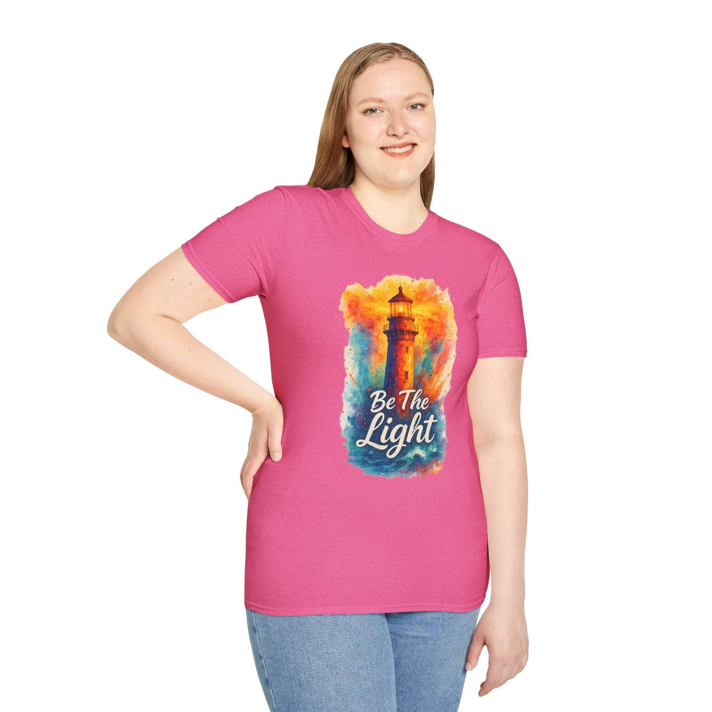 Be The Light Lighthouse T-Shirt | Inspirational Spiritual Tee | Coastal Nautical Gift for Her and Him | Unisex Softstyle Graphic Tee