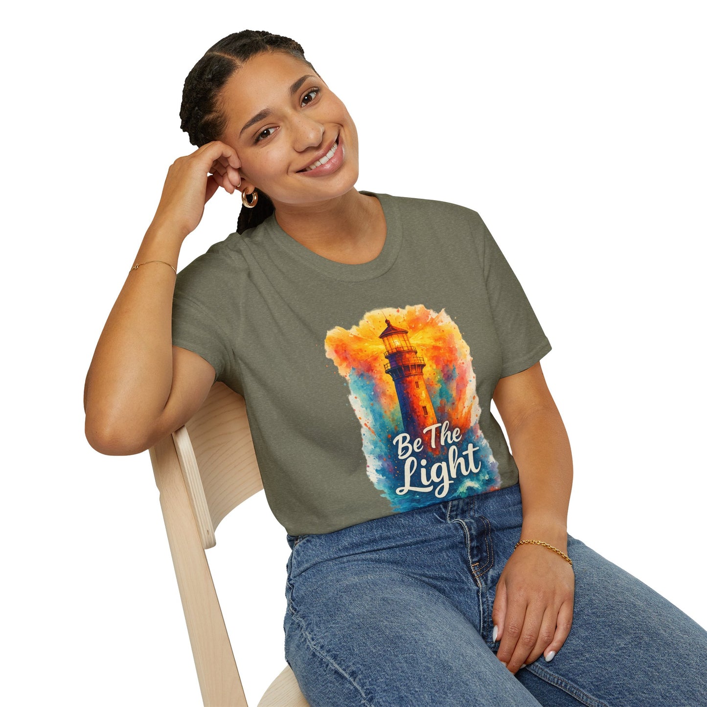 Be The Light Lighthouse T-Shirt | Inspirational Spiritual Tee | Coastal Nautical Gift for Her and Him | Unisex Softstyle Graphic Tee