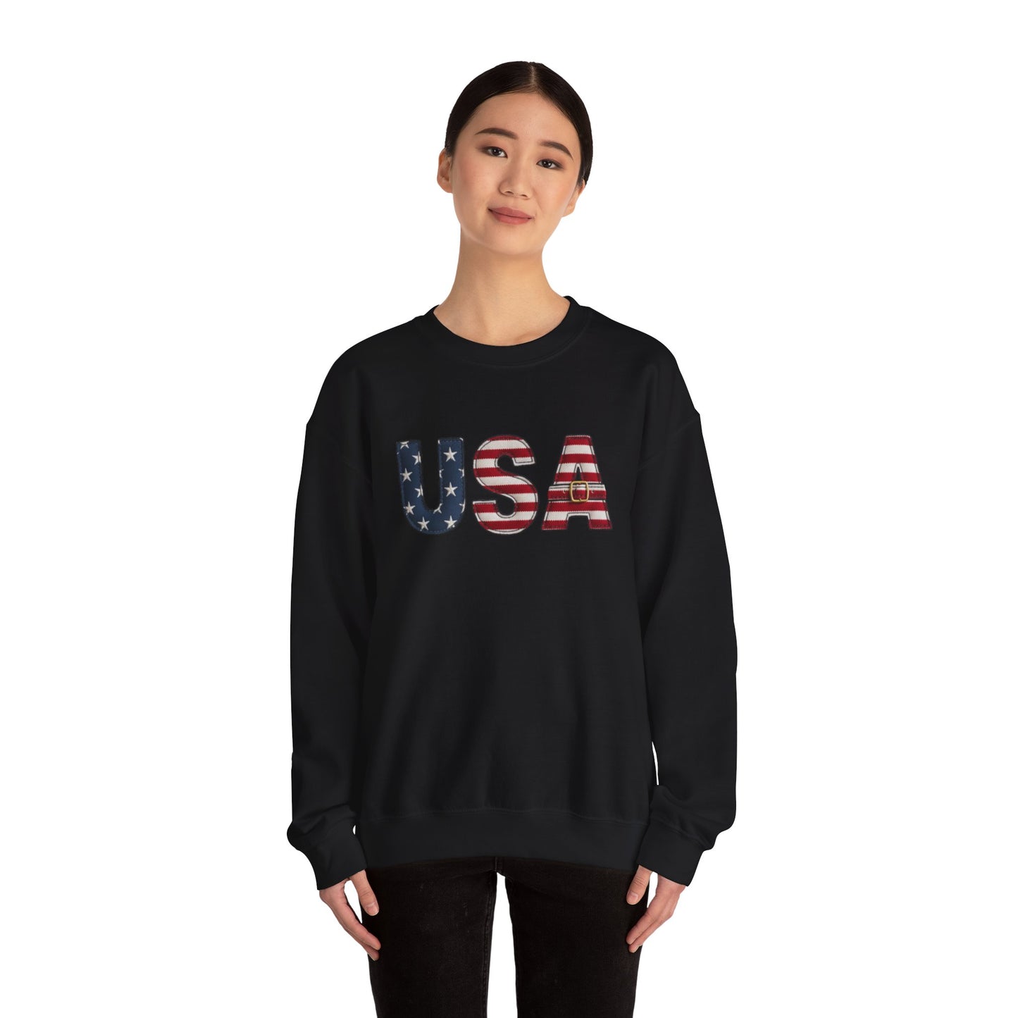 Faux Patchwork USA Sweatshirt, Patriotic Quilt Style Top, Rustic Americana Crewneck, 4th of July Shirt, Country USA Sweater, Vintage Flag Top