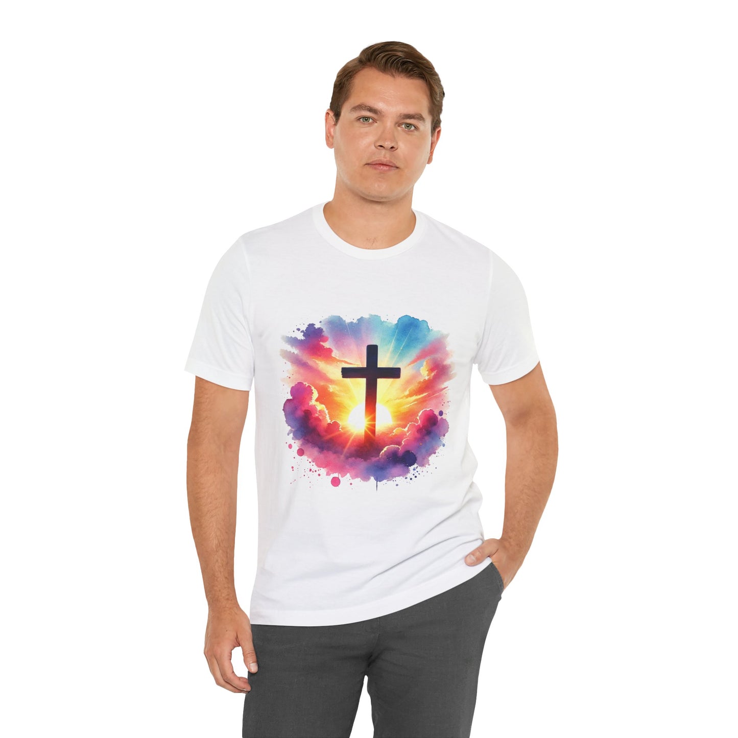 Faith Cross Sunburst Christian Tee | Inspirational Christian T-Shirt | Colorful Sunrise Cross Shirt | Faith Gifts for Women Men