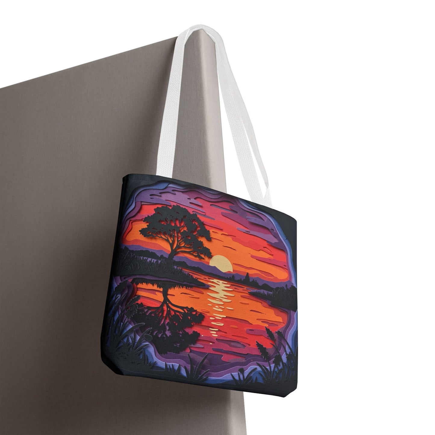 Sunset Landscape Canvas Tote Bag – Paper‑Art Inspired Nature Scene Tote – Colorful Sunset Market Tote, Eco Reusable Beach Bag, Vibrant Gift for Her