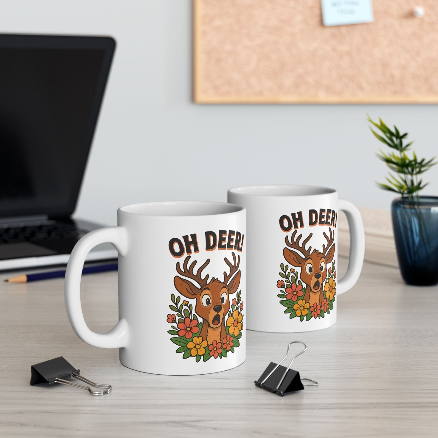 Funny Deer Coffee Mug | Oh Deer Cartoon Cup, Cute Animal Pun Gift, Nature Lover Tea Mug, Whimsical Flower Deer Cup for Wildlife Fans
