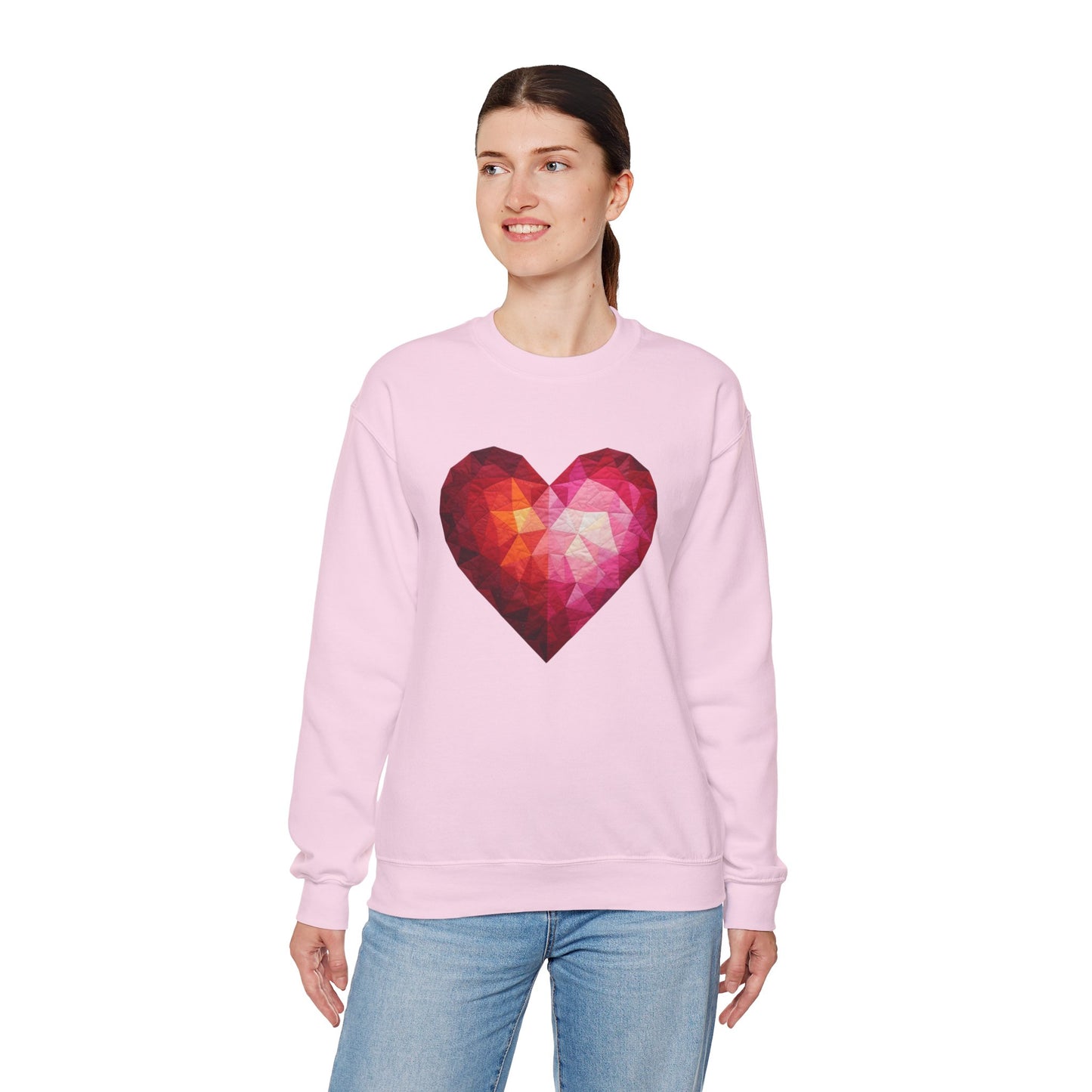Faux Patchwork Heart Sweatshirt, Geometric Heart Sweater, Cute Valentines Sweatshirt, Cozy Pink Heart Crewneck, Winter Heart Pullover
