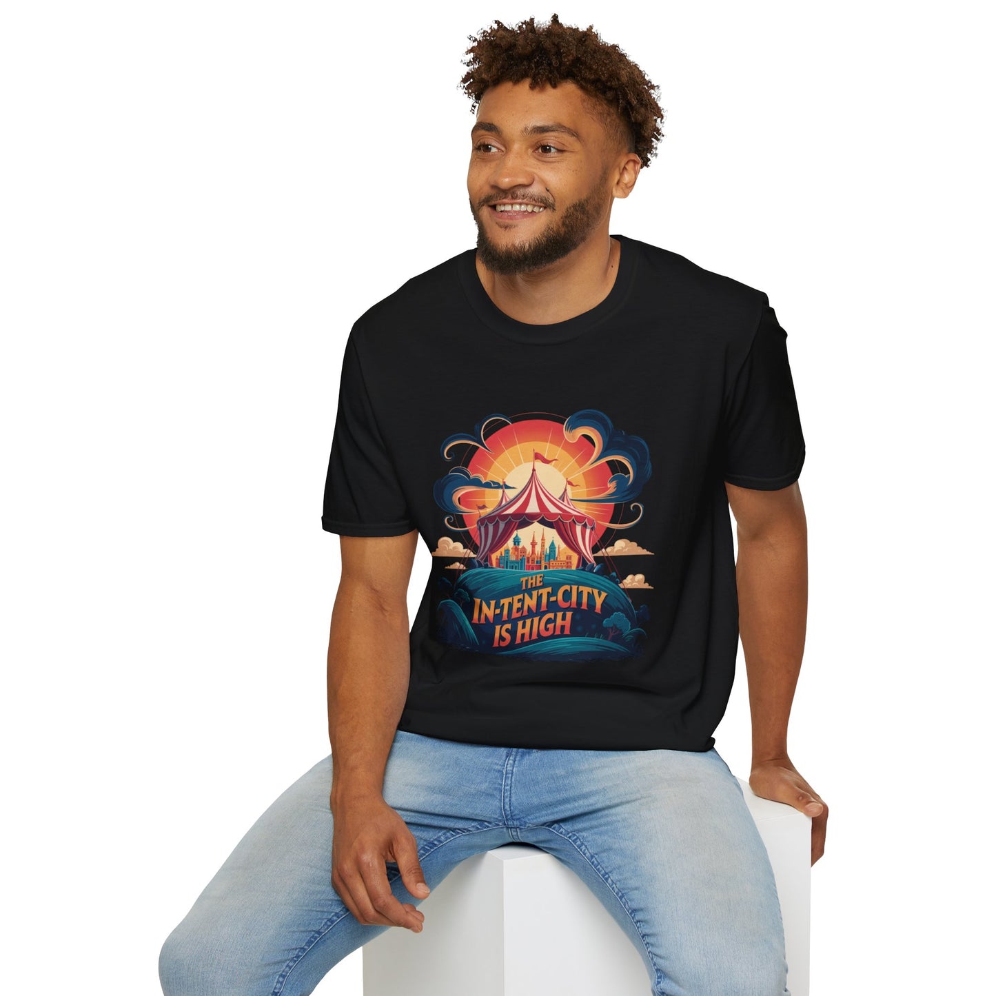 In-Tent-City Is High Retro Camp T-Shirt | Vintage Circus Tent + Cityscape Graphic | Funny Outdoors Urban Adventure Tee | Unisex Camper Shirt