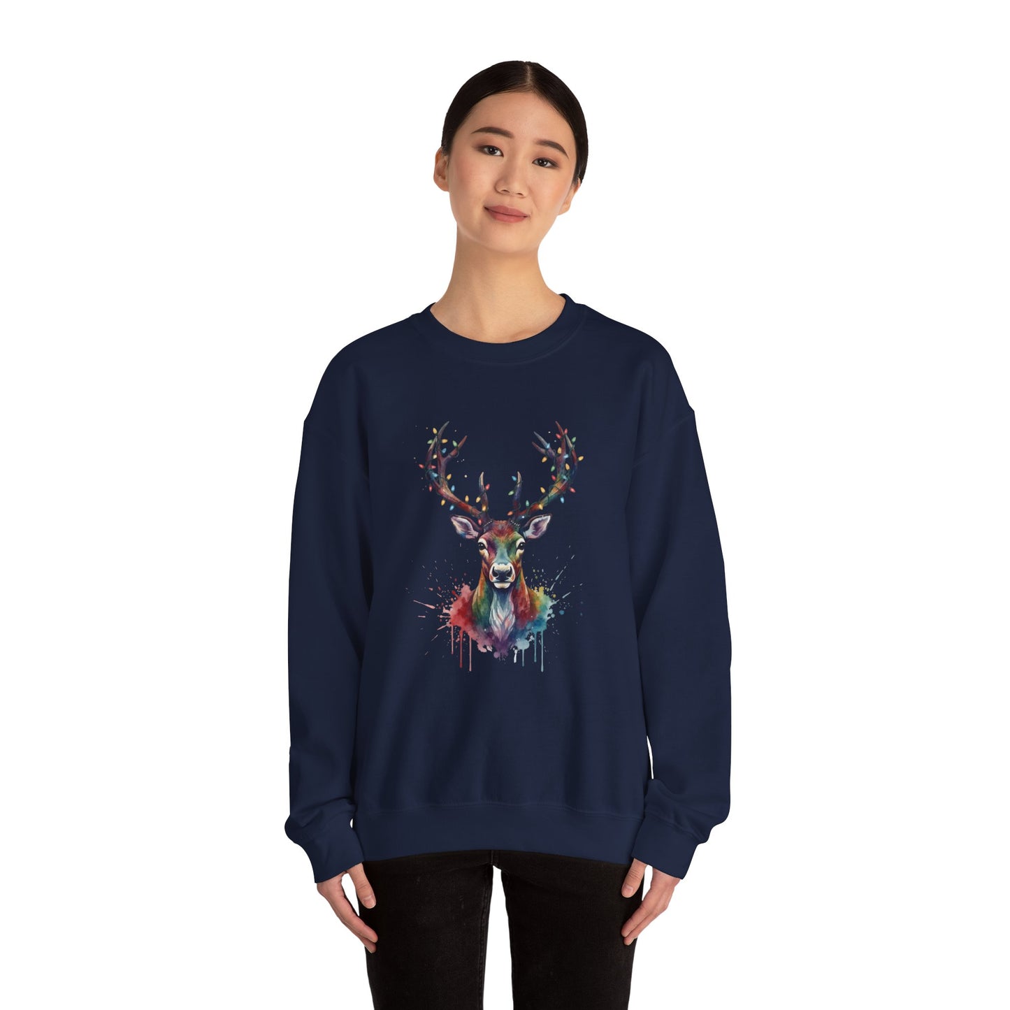 Colorful Reindeer Christmas Sweatshirt, Holiday Deer Lights Sweater, Watercolor Winter Crewneck, Festive Cozy Gift For Him Or Her