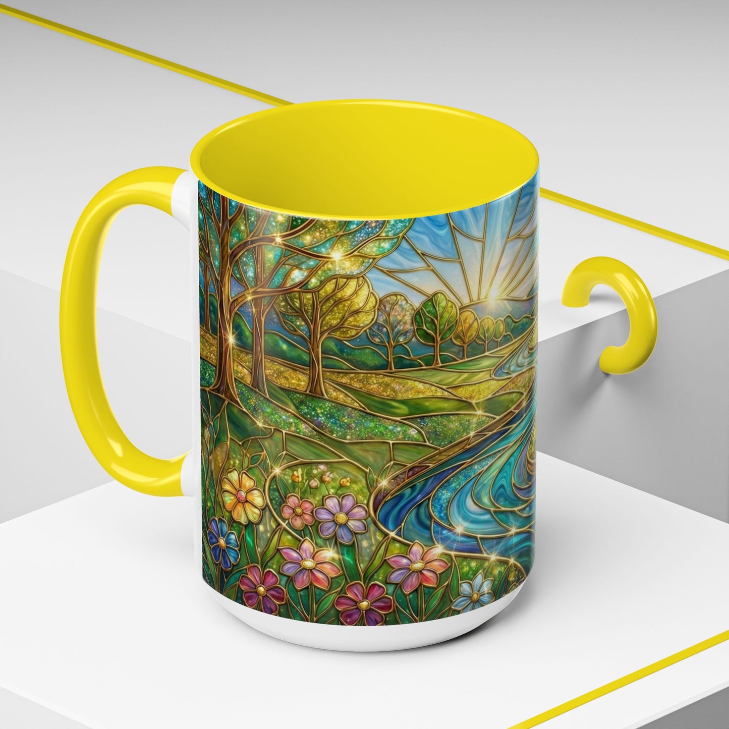 Stained Glass Mug, River Landscape Coffee Cup, Nature Lover Gift, Floral Tea Mug, Gardener Present, Art Teacher Gift, Colorful Scenery Cup