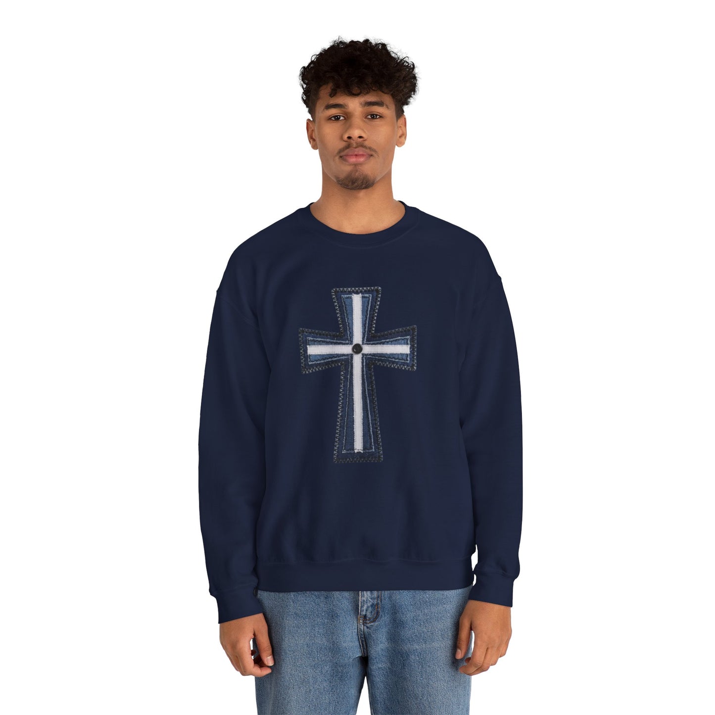 Faux Patchwork Cross Sweatshirt, Christian Patchwork Style Crewneck, Faith Gift for Women Men, Rustic Cross Sweatshirt, Religious Xmas Gift