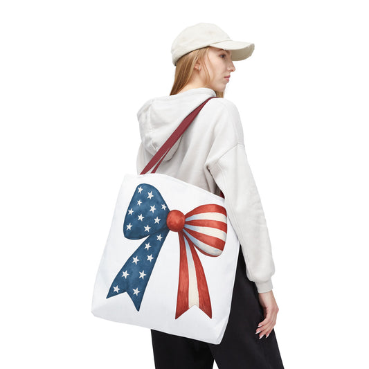 Patriotic Bow Tote Bag | 4th of July Reusable Bag | American Flag Tote | USA Stars Stripes Bag | Independence Day Gift | USA Market Bag