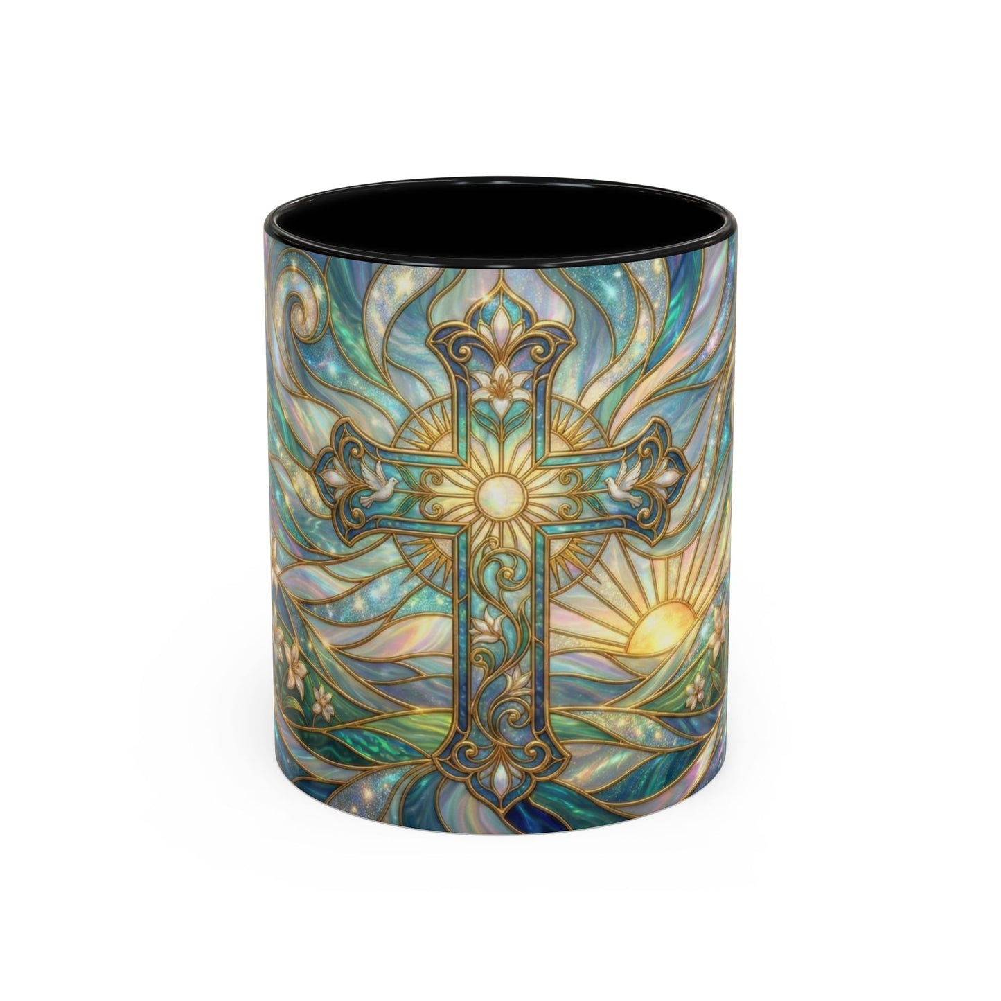 Stained Glass Cross Mug, Christian Coffee Cup, Religious Easter Gift, Celestial Faith Mug, Spiritual Sunrise Cup, Dove Lily Print Mug