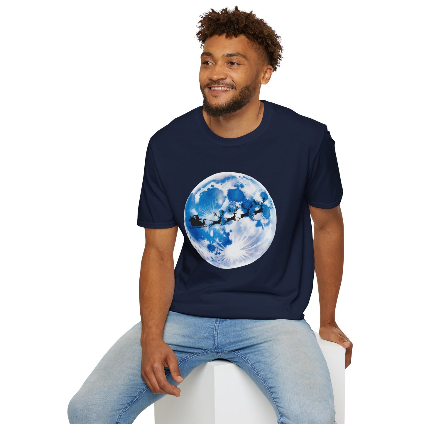 Santa Moon Christmas T-Shirt, Reindeer Sleigh Christmas Tee, Holiday Moonlight Xmas Shirt, Festive Christmas Graphic Tee, Winter Night Christmas Gift Tee