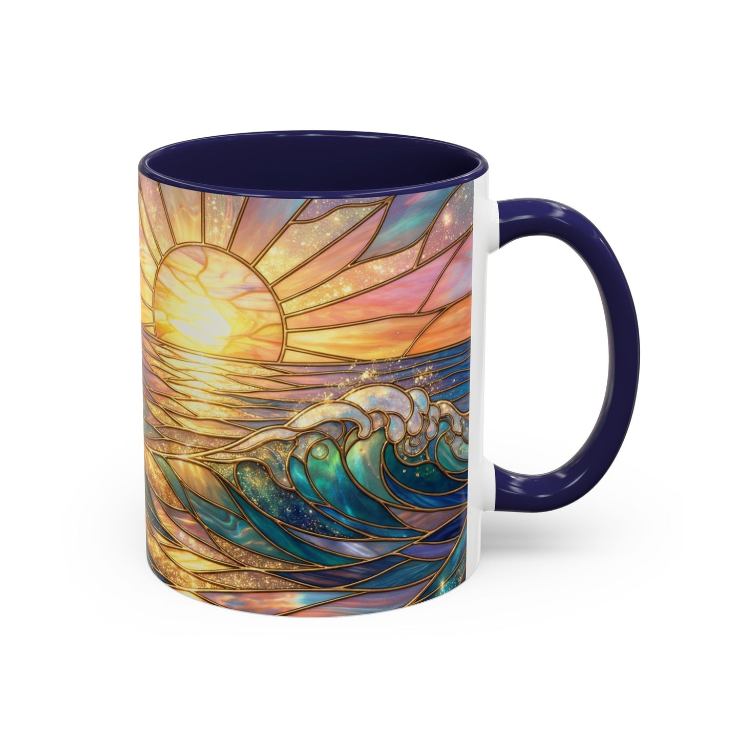Stained Glass Ocean Wave Mug, Sunrise Beach Coffee Cup, Japanese Art Gift, Coastal Decor Kitchen, Mosaic Sea Tea Cup, Blue Gold Nature Lover