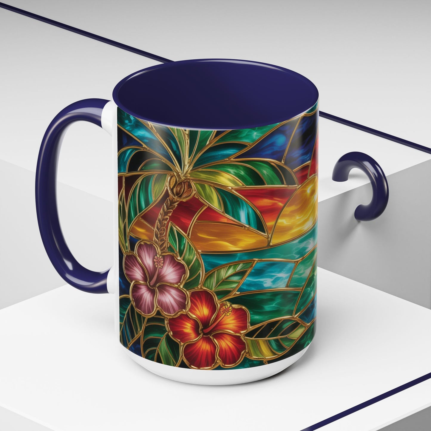Stained Glass Tropical Sunset Mug, Hibiscus Flower Coffee Cup, Beach Lover Gift, Colorful Palm Tree Mug, Coastal Art Drinkware, Summer Cup