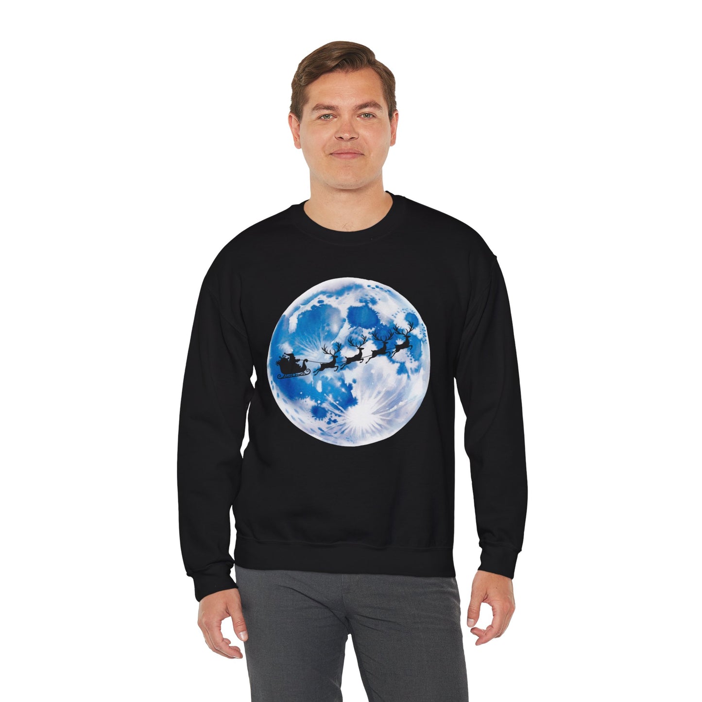 Santa And Reindeer Full Moon Christmas Sweatshirt, Holiday Night Sky Sweater, Cozy Unisex Crewneck, Festive Gift For Christmas Lovers