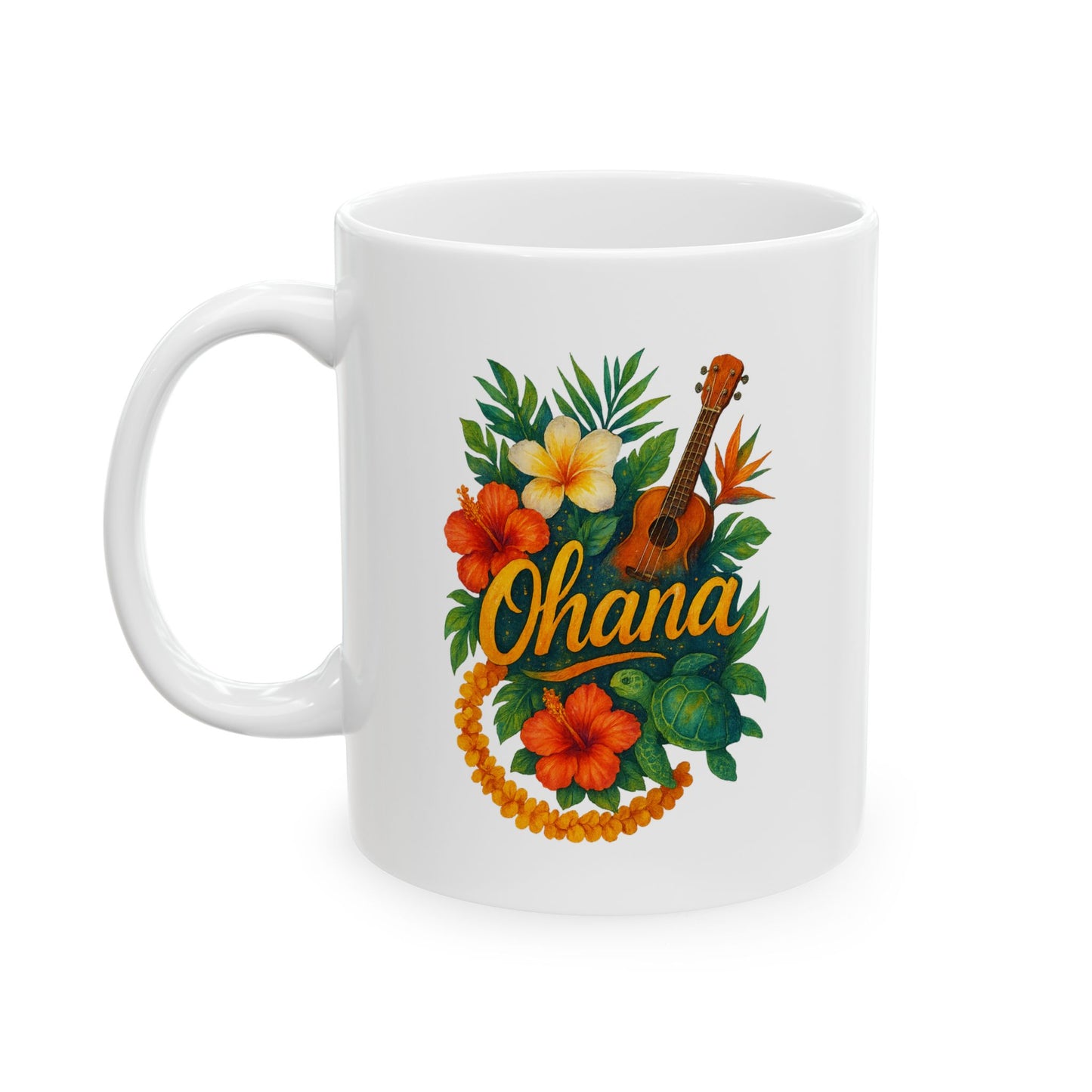 Ohana Hawaiian Mug - Tropical Coffee Cup with Ukulele & Hibiscus Flowers - Island Gift for Family, Friends, or Beach Lovers