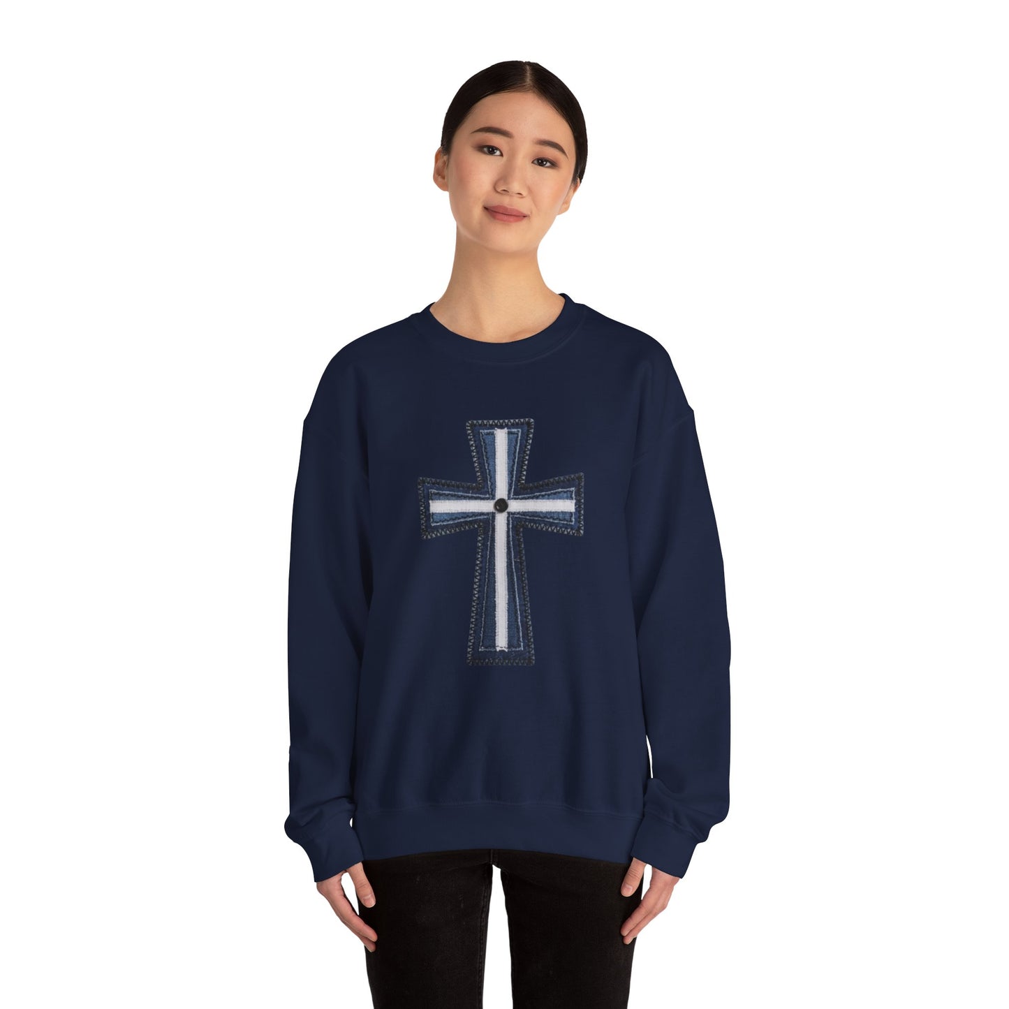 Faux Patchwork Cross Sweatshirt, Christian Patchwork Style Crewneck, Faith Gift for Women Men, Rustic Cross Sweatshirt, Religious Xmas Gift