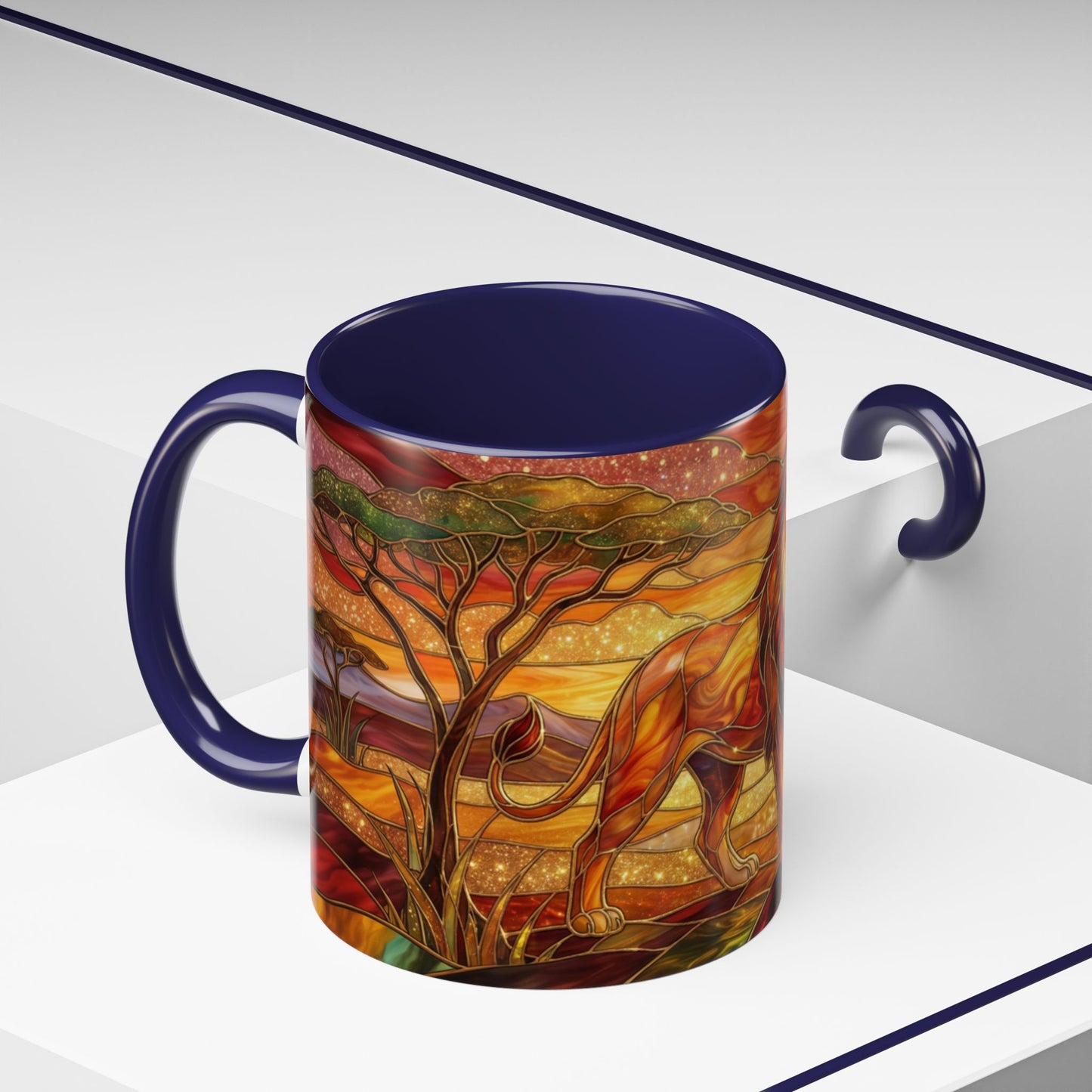 Stained Glass Lion Mug, Majestic Lion Coffee Cup, African Sunset Art Mug, Safari Wildlife Gift, Colorful Lion Lover Ceramic Mug