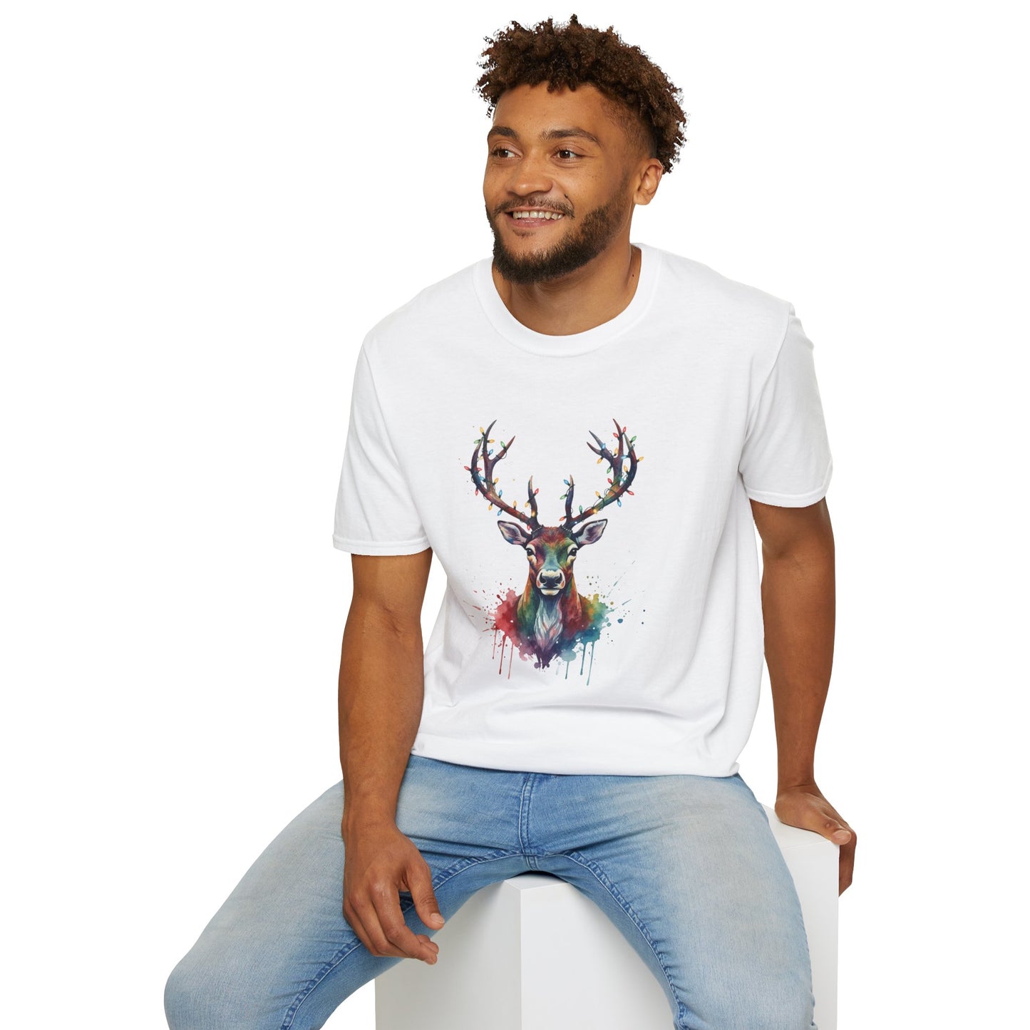 Christmas Deer Shirt, Watercolor Buck T-Shirt, Deer With Christmas Lights Tee, Holiday Wildlife Art Shirt, Colorful Deer Head Xmas Tee